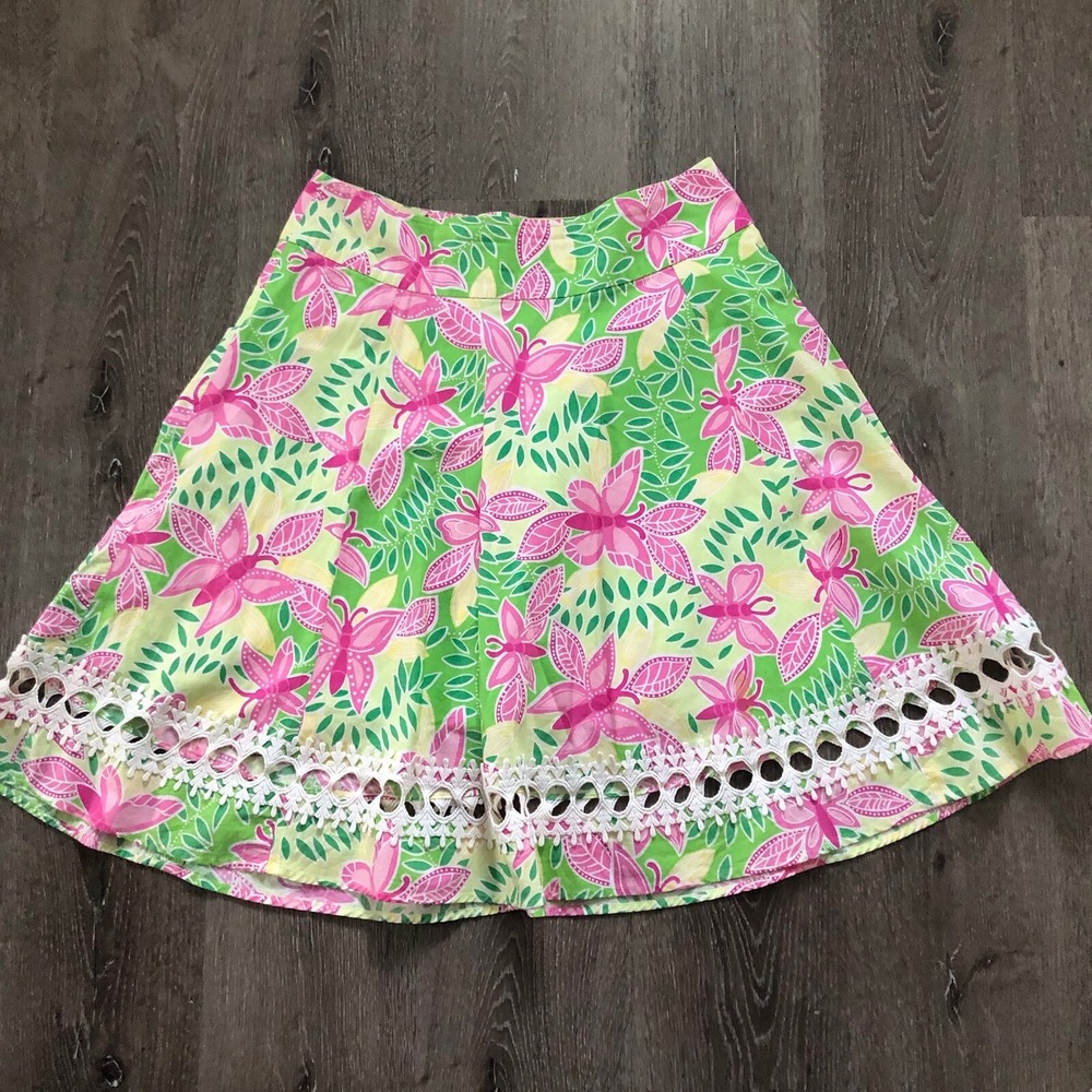 Lilly Pulitzer Butterfly Leaf Lined Crochet Lace A Line Flare Zip Skirt 8